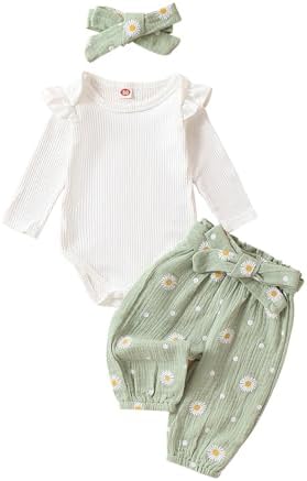 Kaipiclos, одежда для новорожденных девочек, вязаный комбинезон в рубчик, штаны с принтом ромашки, повязка на голову, детская одежда для девочек 0, 3, 6, 12, 18, 24 месяца Kaipiclos