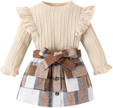 Noubeau клетчатая одежда для маленьких девочек, вязаный джемпер в рубчик с рюшами, пуловер с длинными рукавами, мини-юбка с поясом, осенне-зимняя одежда Noubeau