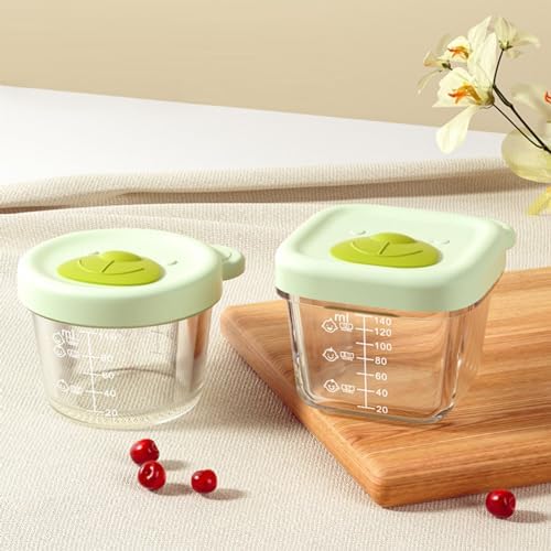 2 Pack Baby Food Storage Containers, 4.39+5.4 oz Glass Baby Food Containers, Leakproof Storage Jars with Breathable Holes Lids, Green - 130 & 160 ML CUAIBB