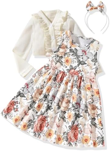 HINTINA Toddler Little Girls Dress And Cardigan Sets 2 Piece Floral Print Sleeveless Dress and Long Sleeve Cardigan Set HINTINA