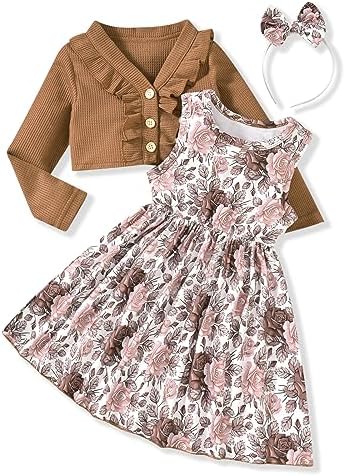 HINTINA Toddler Little Girls Dress And Cardigan Sets 2 Piece Floral Print Sleeveless Dress and Long Sleeve Cardigan Set HINTINA