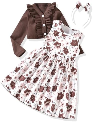 HINTINA Toddler Little Girls Dress And Cardigan Sets 2 Piece Floral Print Sleeveless Dress and Long Sleeve Cardigan Set HINTINA