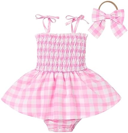 Розовый клетчатый комбинезон-пачка для маленьких девочек, платье-пачка без рукавов со сборками, клетчатое платье, летние наряды для малышей, праздничные платья принцессы FYMNSI
