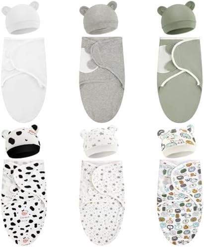 VitalCozy 6 Pack Preemie Swaddle Blanket Wrap with Hat Set Cotton Baby Swaddle Wrap Hat Set for Preemie Newborn Boys Girls(Neutral Series, for 3-7 Lbs) VitalCozy