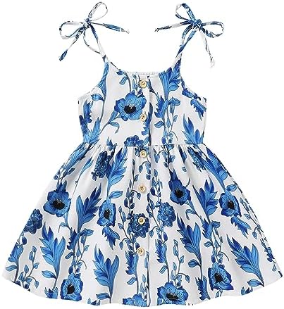 YOUNGER TREE 1-5T Toddler Kids Girls Summer Dress Sling Blue Floral Casual Dress Pattern Girls Party Dress Sleeveless YOUNGER TREE