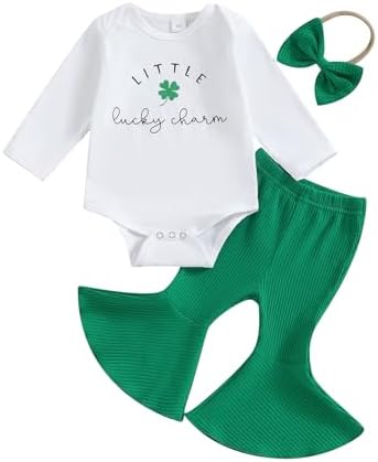 Одежда для новорожденных девочек на день Святого Патрика, комбинезон Lucky Clover, брюки-клеш, повязка на голову, весенняя одежда из 3 предметов SAYOO