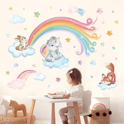 wondever Watercolor Large Rainbow Wall Stickers Unicorn Rainbow Hearts Sun Peel and Stick Wall Art Decals for Girls Bedroom Baby Nursery Kids Bedroom Wondever