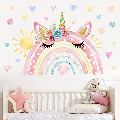 wondever Watercolor Large Rainbow Wall Stickers Unicorn Rainbow Hearts Sun Peel and Stick Wall Art Decals for Girls Bedroom Baby Nursery Kids Bedroom Wondever