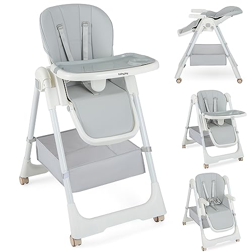 Детский стульчик для кормления BABY JOY, складной стульчик для кормления с 8 высотами, 4 положениями наклона, регулируемой подставкой для ног, съемным двойным подносом, корзиной для хранения, портативными стульчиками для кормления для младенцев и малышей на колесиках BABY JOY