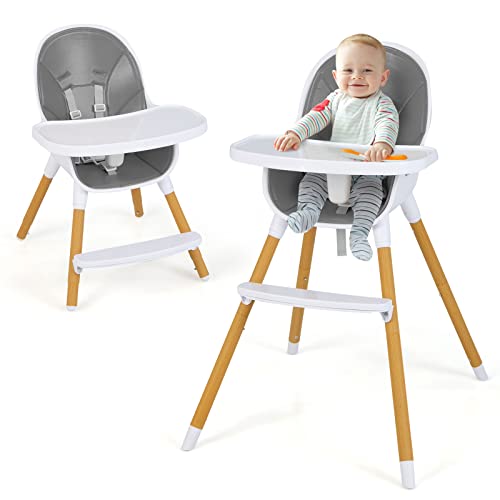 HONEY JOY High Chair, 3-in-1 Eat & Grow Highchair/Booster Seat/Toddler Chair w/Removable Tray, Safety Harness, Steel Legs, PU Cushion and Footrest for Baby, High Chair for Babies and Toddlers (Beige) HONEY JOY