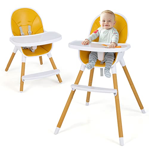 HONEY JOY High Chair, 3-in-1 Eat & Grow Highchair/Booster Seat/Toddler Chair w/Removable Tray, Safety Harness, Steel Legs, PU Cushion and Footrest for Baby, High Chair for Babies and Toddlers (Beige) HONEY JOY