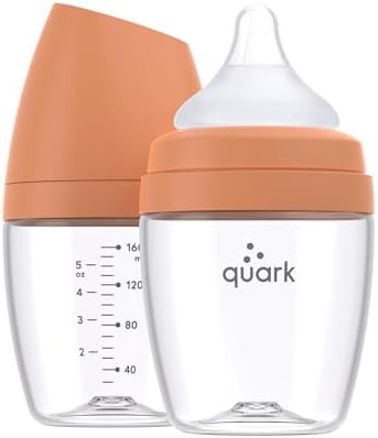 Мини-бутылочка BuubiBottle с медленным потоком для новорожденных от Quark — с антиколиковой соской RealFeel для имитации грудного вскармливания — не содержит бисфенола А, ПВХ и токсинов — бутылочка емкостью 5 унций с крышкой, упаковка из 2 штук — оранжевая Quark