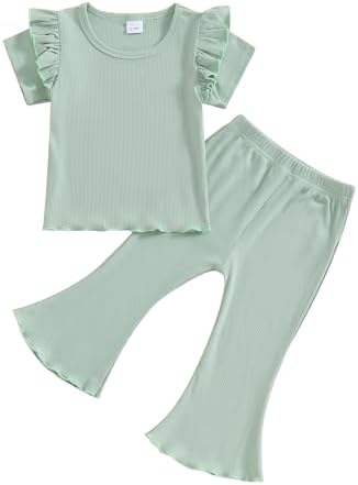 Kupretty, одежда для маленьких девочек, летняя однотонная вязаная футболка с короткими рукавами и рюшами, комплект футболок и брюк-клеш, наряд для малышей Kupretty