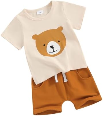 Летняя одежда для маленьких мальчиков, комплект футболки с короткими рукавами с медведем и эластичными однотонными шортами, милая одежда для маленьких мальчиков Hoanselay