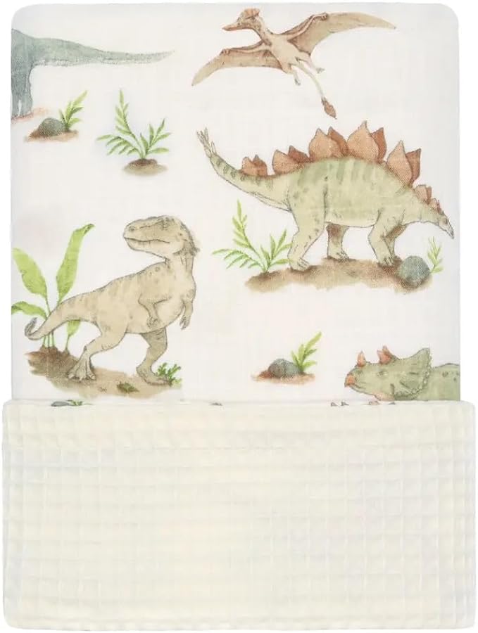 Waffle Baby Blankets Neutral, Soft Muslim Swaddle Blankets for Boys Girls, 2 Layers Crib Receiving Blanktes with Muslim Front and Warm Waffle Backing Infant Newborn Dinosaur Pattern Generic