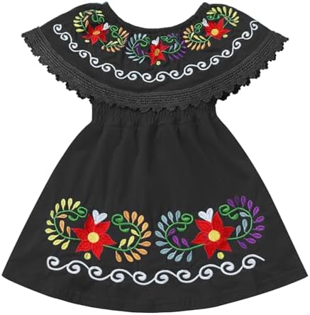 Kids Toddler Girls Traditional Mexican Off-Shoulder Floral Embroidered Drape Dress ODIZLI