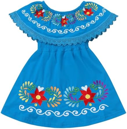 Kids Toddler Girls Traditional Mexican Off-Shoulder Floral Embroidered Drape Dress ODIZLI