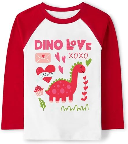 Tkria Boys Girls Valentine Day Shirts Raglan Long Sleeve Monster Truck Dinosaur Candy Love Heart Tops for Kids 2-10T Tkria