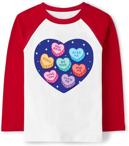 Tkria Boys Girls Valentine Day Shirts Raglan Long Sleeve Monster Truck Dinosaur Candy Love Heart Tops for Kids 2-10T Tkria