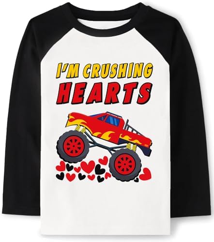 Tkria Boys Girls Valentine Day Shirts Raglan Long Sleeve Monster Truck Dinosaur Candy Love Heart Tops for Kids 2-10T Tkria