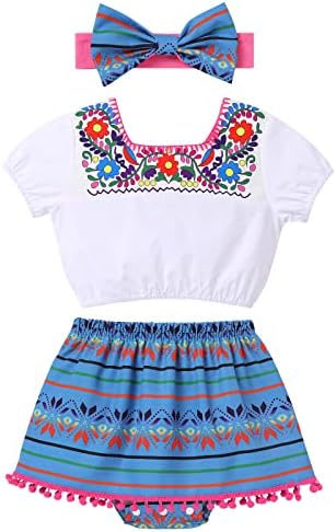 Kids Toddler Girls Traditional Mexican Off-Shoulder Floral Embroidered Drape Dress ODIZLI