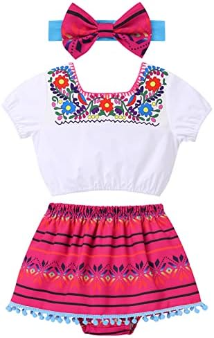 Kids Toddler Girls Traditional Mexican Off-Shoulder Floral Embroidered Drape Dress ODIZLI