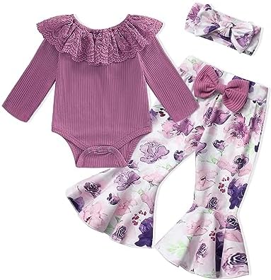 Одежда для маленьких девочек, кружевной комбинезон с рюшами и длинными рукавами + расклешенные брюки-клеш + повязка на голову, комплект из 3 предметов, одежда для маленьких девочек Ribabz