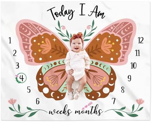 Gicoherero Boho Baby Blanket Butterfly Monthly Milestone Bohemian Floral Girl Photo Prop Sage Green and Pink Blanket Ideas for Personalized Baby Stuff Shower Newborn Nursery Gift Spring Decor Mom Gicoherero