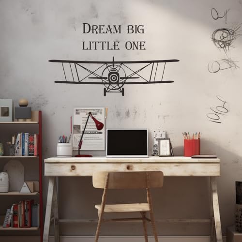 Dream Big Little One — винтажные наклейки на стену в виде самолета | Детский декор | вдохновляющие наклейки с цитатами | Размер оформления комнаты в стиле путешествия, размер 23 x 13 дюймов (самолет Black-JZY176-Clouc) ANFRJJI