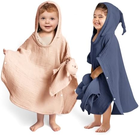 Детское полотенце-пончо с капюшоном lulumoon: муслиновое пончо для ванной для малышей — детские пляжные полотенца-пончо размером 23 x 24 дюйма, 2 шт. (оранжево-розовый, синий) Lulumoon