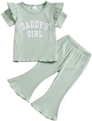 fhutpw/2 шт., одежда для маленьких девочек, летние наряды, футболка с короткими рукавами в рубчик и рюшами, комплекты топов и расклешенных леггинсов Fhutpw