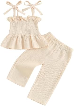 VISGOGO, одежда для маленьких девочек, однотонный льняной топ без рукавов, комплект с льняными штанами, детская летняя одежда VISGOGO
