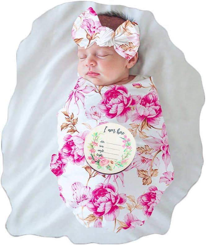 Ylsteed Newborn Receiving Blanket Headband Set Baby Swaddle Blanket Love Print Baby Swaddle Wrap Swaddling Blankets for Newborn 32 x 32 Soft and Skin-Friendly Nursery Swaddle Wrap （Love Pattern） Ylsteed