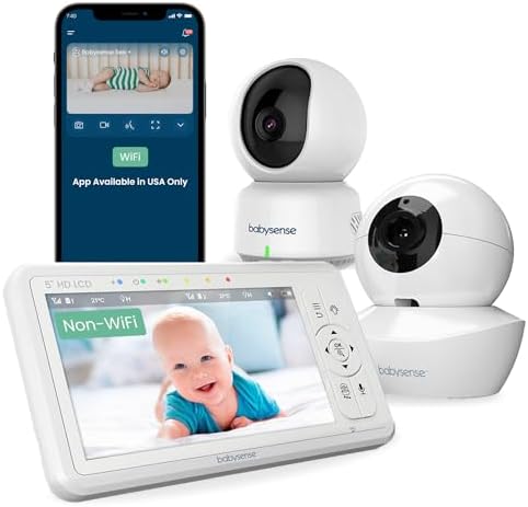 Комплект Babysense — Wi-Fi-камера Full HD 1080p (включая SD-карту и приложение для США) для удаленного мониторинга и отдельная радионяня без Wi-Fi с камерой и выделенным 5-дюймовым дисплеем HD 720p для домашнего мониторинга Babysense