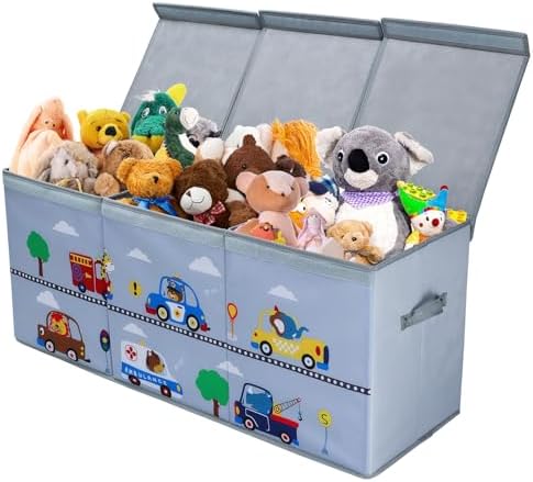 Очень большой сундук для игрушек с откидной крышкой для детей, складной оксфордский ящик для хранения игрушек с ручками для мальчиков, прочный водонепроницаемый ящик для игрушек для игровой комнаты в спальне, 37,7 × 12,5 × 15,7 дюйма (машинки для животных) Decalsweet