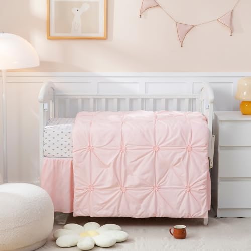 PINNKKU 3-Piece Crib Bedding Set for Boy Girls, includes Crib Skirt, Blanket and Crib Sheet, Crib Baby Bedding, Pintuck Pinch Pleat Pink PINNKKU