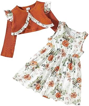 puseky Платье и кардиган для маленьких девочек, платье и пальто без рукавов с цветочным принтом для маленьких девочек, комплект одежды из 2 предметов Puseky