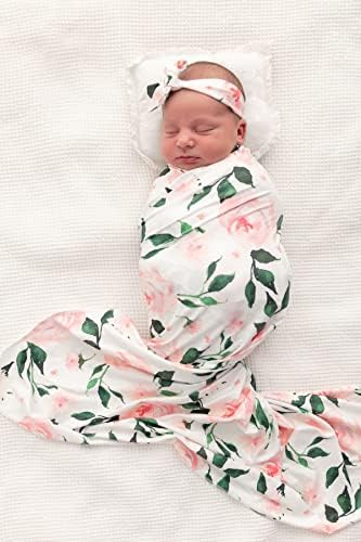 Vollmic Newborn Baby Girl Swaddle and Headband Sets Receiving Blanket Stretchy Knit Swaddle Set(Green Leaf and Pink Floral) Vollmic
