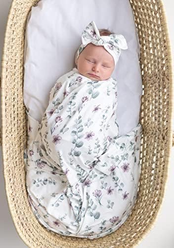 Vollmic Newborn Baby Girl Swaddle and Headband Sets Receiving Blanket Stretchy Knit Swaddle Set(Green Leaf and Pink Floral) Vollmic