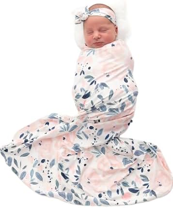 Vollmic Newborn Baby Girl Swaddle and Headband Sets Receiving Blanket Stretchy Knit Swaddle Set(Green Leaf and Pink Floral) Vollmic