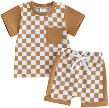 ROLZMOR для маленьких мальчиков, контрастная футболка с короткими рукавами, клетчатые шорты, комплект из 2 предметов, летняя одежда ROLZMOR