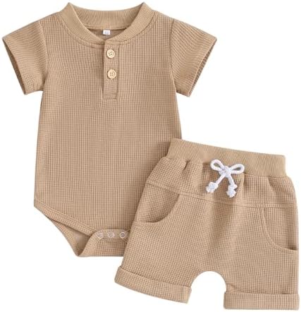 Летняя одежда Kuriozud для новорожденных мальчиков, комбинезон с короткими рукавами и пуговицами, боди и шорты, комплект, мягкая вафельная одежда для младенцев Kuriozud
