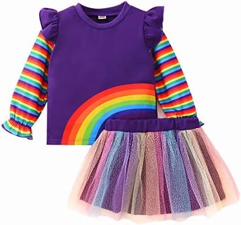 Popshion Girl Fall Winter Outfit Toddler Flutter Sleeve Sweatshirt Sequin Rainbow Tutu Skirt 2PCS Clothes Set 1-8 Years Old Popshion