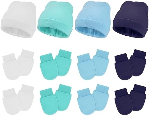 Hercicy, комплект из 4 комплектов шапки и варежек для недоношенных детей, перчатки без царапин, хлопковая шапочка для недоношенных детей, детская больничная шапочка для мальчиков и девочек Hercicy