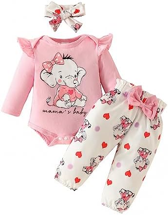 Одежда для новорожденных девочек, наряд со слоном, комбинезон в рубчик с рюшами и длинными рукавами, топ, милые штаны с бантом, комплект с повязкой на голову Bonangber