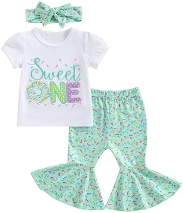 YOKJZJD/комплект из 3 шт., наряд для первого дня рождения для маленьких девочек, футболка Sweet One Two Sweet с короткими рукавами, топы, брюки-клеш, комплект летней одежды YOKJZJD