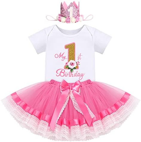 IBTOM CASTLE Baby Girl One Year Old Birthday Floral Lace Party Cake Smash Romper+Tutu Skirt Set+Crown Photo Shoot Clothes IBTOM CASTLE
