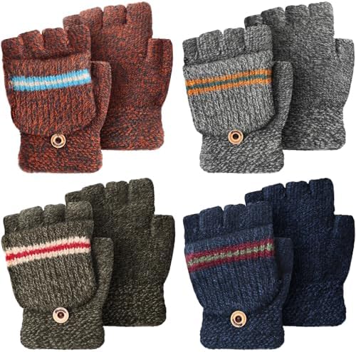 Yahenda 4 Pairs Winter Fingerless Gloves Kids Mittens Gloves Convertible Knit Flip Top Warm Mittens for Teen Aged 5-10 Yahenda