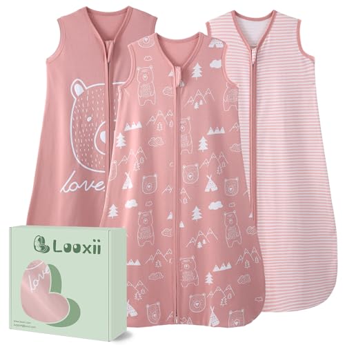 Looxii Baby Sleep Sack 12-18 месяцев, 3 упаковки, 100% хлопок, детское носимое одеяло 0,5TOG, спальный мешок для малышей с двусторонней молнией, розовый медведь Looxii