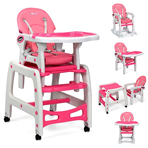 INFANS 5 in 1 Baby High Chair, Convertible Toddler Table Chair Set, Rocking Chair, Multi-Function Seat with Lockable Universal Wheels, Adjustable Seat Back, Removable Trays INFANS